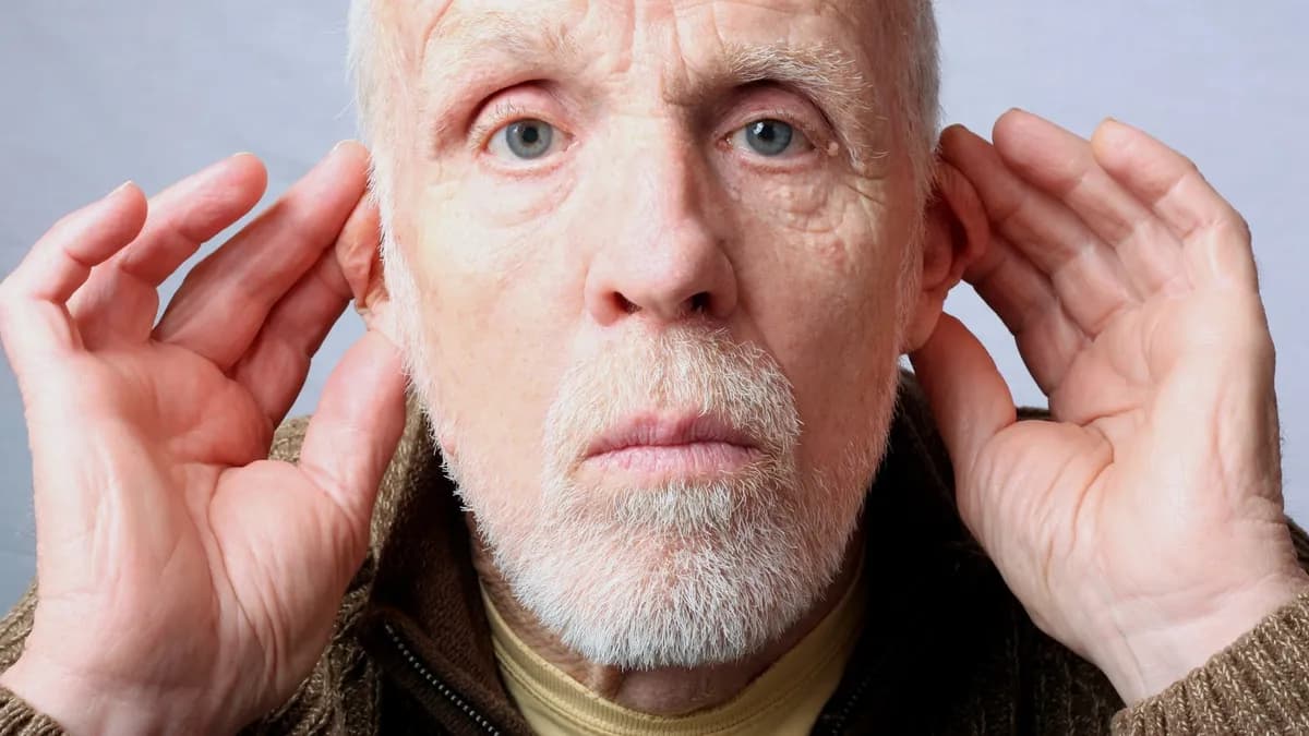 Persoon houdt de hand bij het oor door aanhoudend oorsuizen of tinnitus