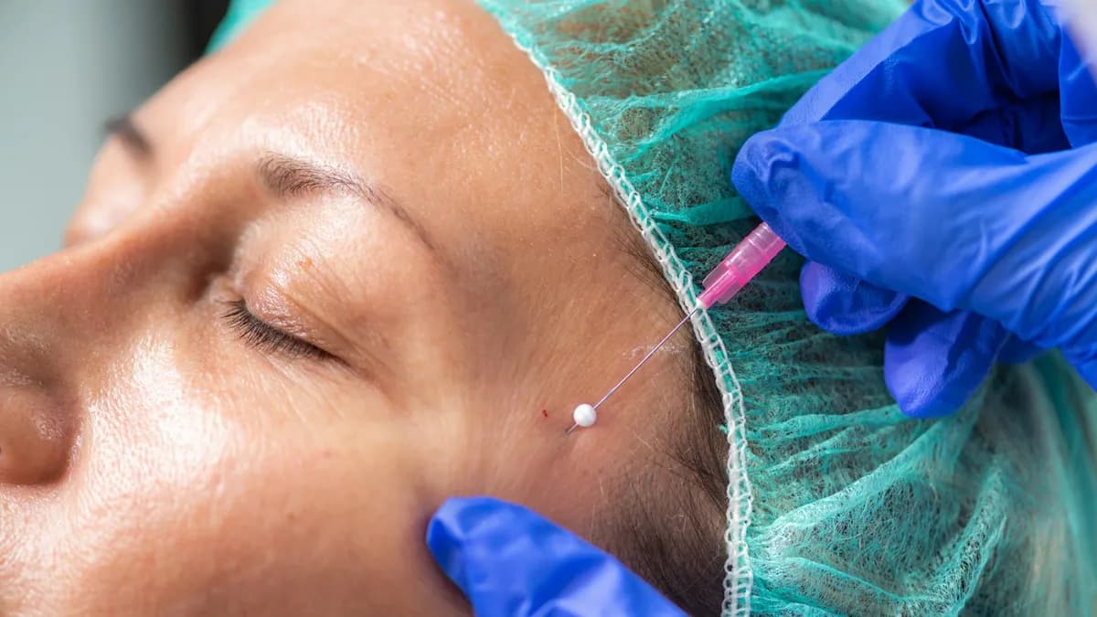 Persoon aan de balie van een dermatologiepraktijk die een afspraak maakt