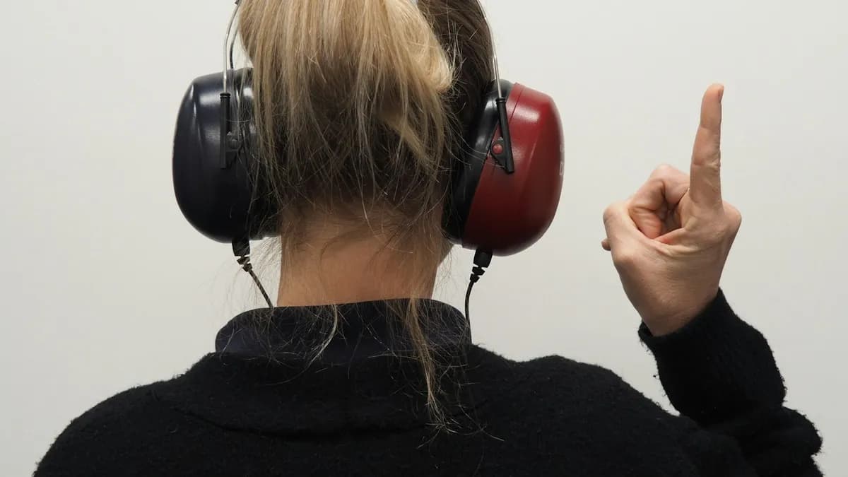 Persoon met koptelefoon tijdens een hoortest in een geluidsdichte cabine van een hoorcentrum