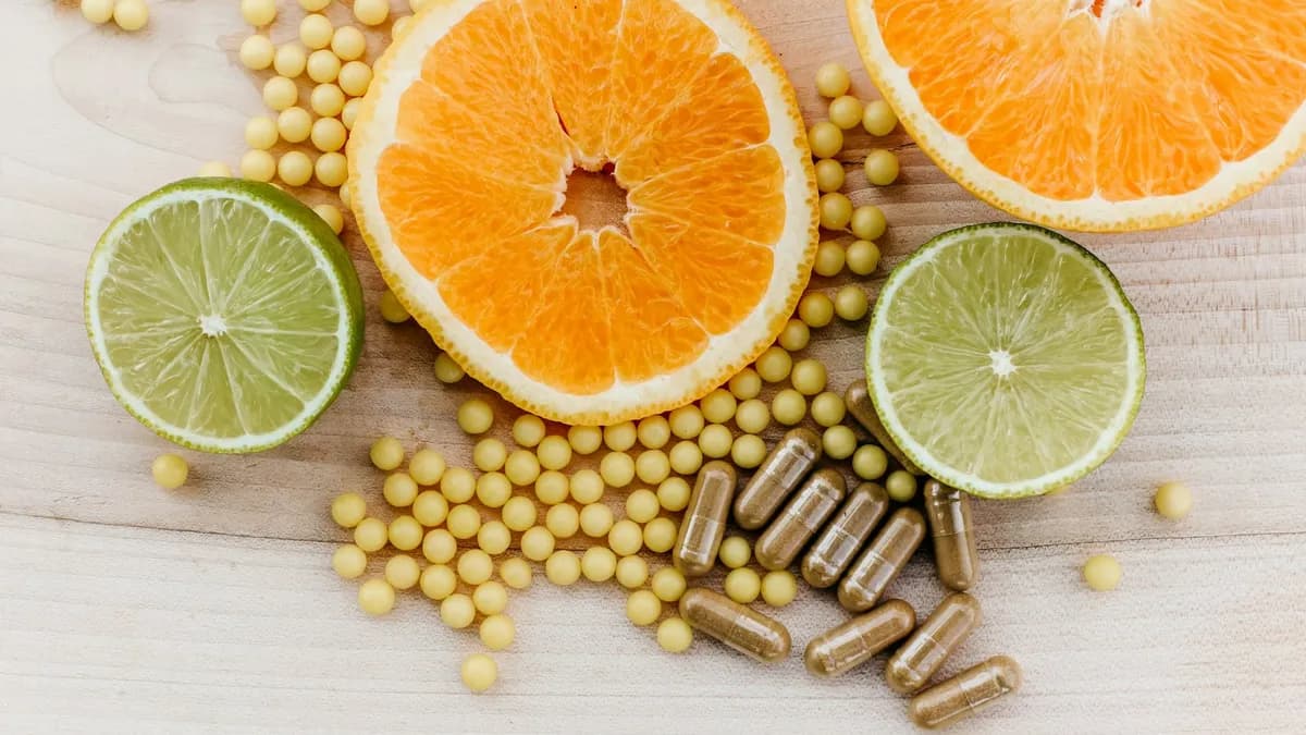 Supplementenpotjes en notitieboekje op tafel voor kritisch gezondheidsadvies