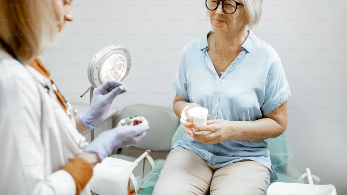 Vrouw bespreekt menopauzeklachten en hormoontherapie met een zorgverlener aan tafel