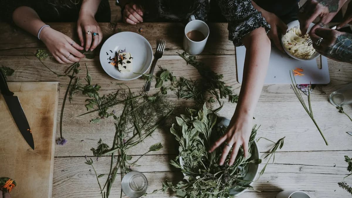Persoon bespreekt kruiden en supplementen samen met een zorgverlener aan tafel