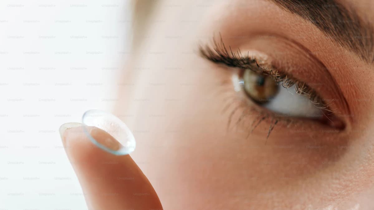 Persoon die voorzichtig een contactlens inzet voor een spiegel