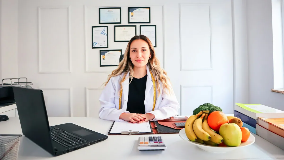 Diëtist bespreekt een voedingsplan en supplementen met een cliënt aan tafel