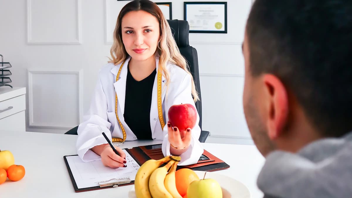 Sporter bespreekt voedingskeuzes met een begeleider aan tafel