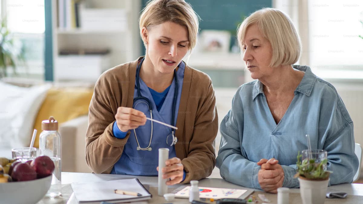 Thuisverpleegkundige overlegt met een oudere persoon en mantelzorger aan de keukentafel